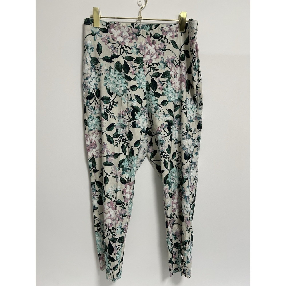 J. JILL Linen-Blend Stretch Button Hem Royal Multi Floral Print Ankle Pants Sz M